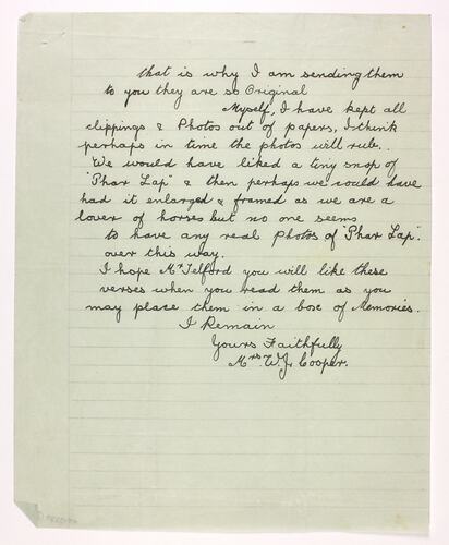 Letter - Cooper to Telford, Phar Lap's Death, 03 May 1932