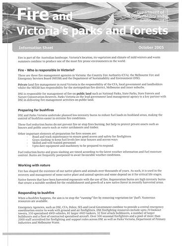 Information Sheet - 'Fire and Victoria's Parks and Forests', Department of Sustainability and Environment, Victoria, Australia, Oct 2005