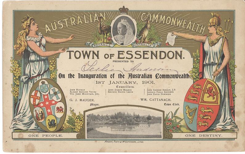 Certificate - Presented to Leslie Anderson, Essendon, Victoria, 1901
