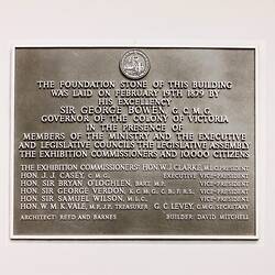 Photograph - Plaque Commemorating Laying of the Foundation Stone, Royal Exhibition Building, Melbourne, circa 1979