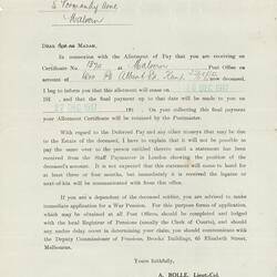 Letter - Australian Military Forces, 3rd Military District Pay Office, Cessation of Pay, 14 Nov 1917