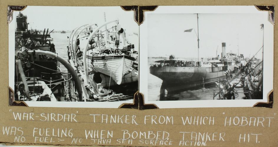 Two photographs of navy ships with white handwritten text below.