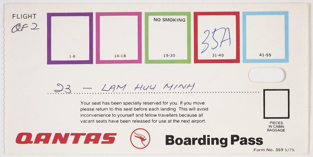 Aeroplane Boarding Pass - Issued to Lam Huu Minh, Qantas, Kuala Lumpur, 14 Jul 1978