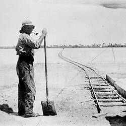 Negative - Man & Temporary Railway Line, Horsham District, Victoria, circa 1925