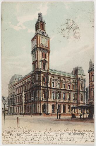 Colour postcard showing Melbourne Post Office