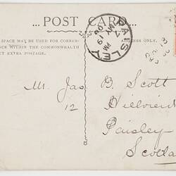 Reverse of postcard with address and stamps.