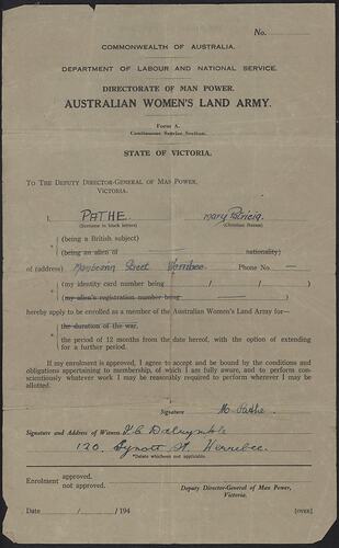 Form - Australian Women's Land Army, Form A, State of Victoria, 1940-1945