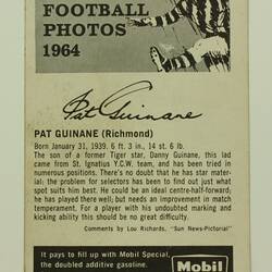 Football Card - Pat Guinane, Richmond, Mobil VFL Football Photos Series, 1964