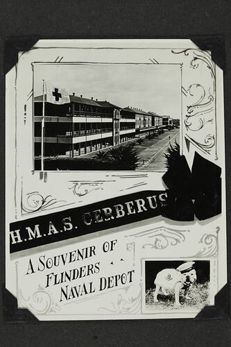 Page with photograph of building at top and printed text and image of dog at bottom.