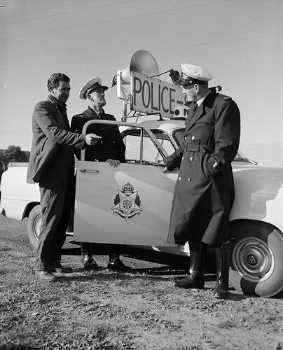 Negative - Police Officers with Escort Vehicle, Werribee, Victoria, 1958
