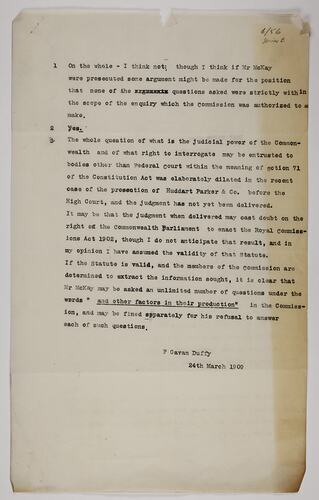Copies of Opinion - F. Gavan Duffy, Questioning of H. V. McKay, 24 Mar 1909