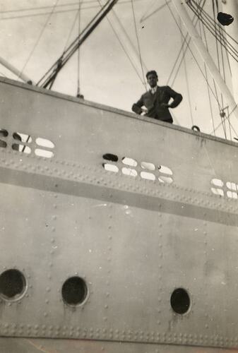 Giuseppe Minniti on the 'Sebastiano Caboto', Victoria Dock, Melbourne, 23 Apr 1950
