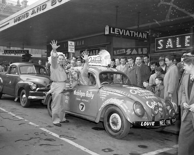 Rally Car and Drivers, Mobilgas Trial, Bourke Street, Melbourne, Victoria, Aug 1957