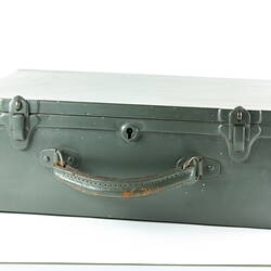 Khaki green metal case with carry handle, two clips and keylock.