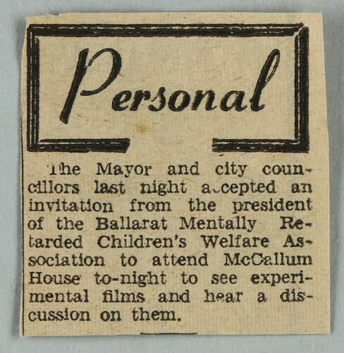 News clipping - Notice on McCallum House Activity, Ballarat, circa 1960
