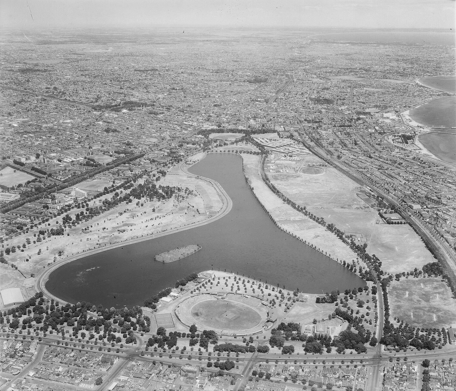 Negative Aerial View of Albert Park Lake, Melbourne, 23 Dec 1953