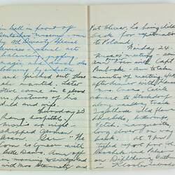 Open book, 2 cream pages dated Thursday 23. Cursive handwritten text in blue/black ink. Page 84 and 85.