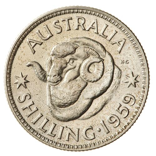 Proof Coin - 1 Shilling, Australia, 1959, photographed by Museums Victoria