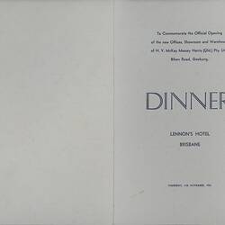 Menu - Dinner for Opening of H.V McKay Massey Harris Head Office, Brisbane, Queensland, 1954