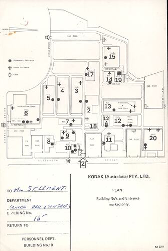 Plan - Kodak Australasia Pty Ltd, Building Numbers and Entrances, Coburg, 1960s