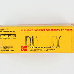 Back of film box, stamped 'Dummy'.