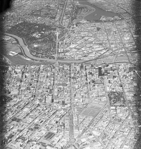 Monochrome aerial photograph of Melbourne.