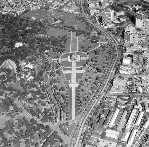 Monochrome aerial photograph of Melbourne.