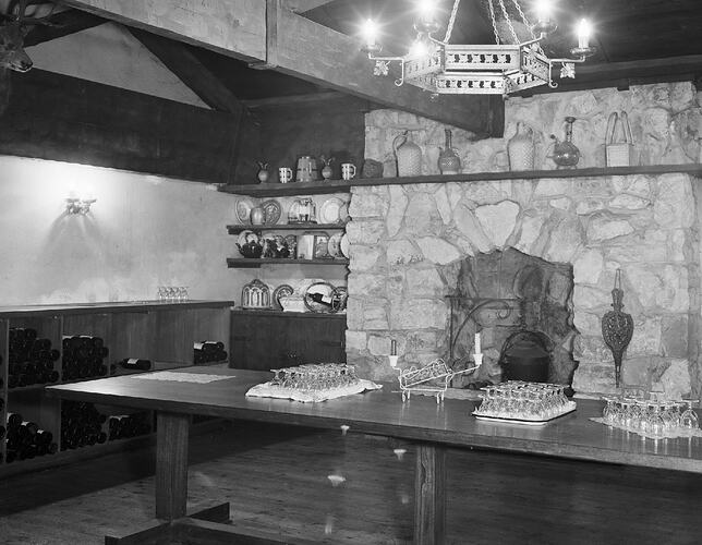 Monochrome photograph of a wine store.