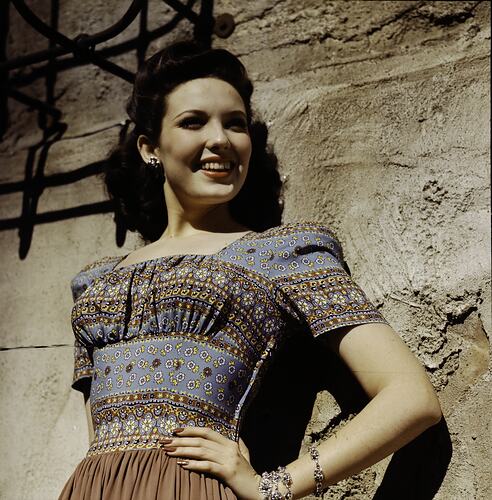 Woman in Bohemian Print Dress, circa 1940s