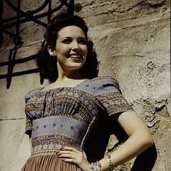 Woman in Bohemian Print Dress, circa 1940s