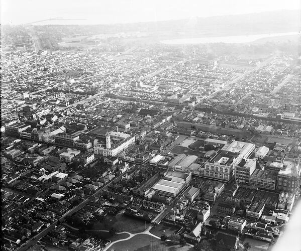 Monochrome aerial photograph of Prahan.