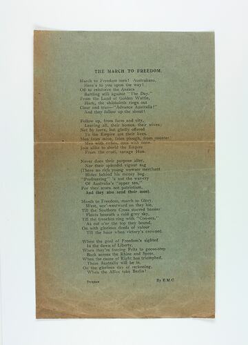 Single page on coarse green stock with printed text, darkened on edges and centre fold.