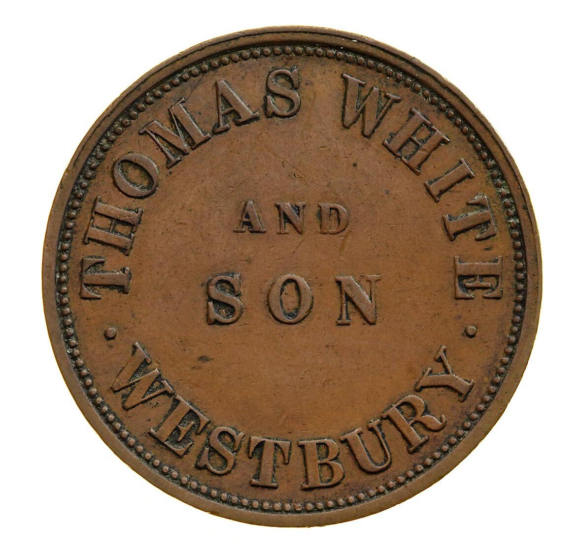 Mule Token - 1 Penny, Thomas White & Son, Grocers, Westbury
