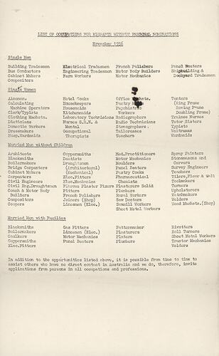 Information Sheet - Occupations Listing, British Assisted Passage Scheme, John & Barbara Woods, Department of Immigration, Australia, Nov 1956
