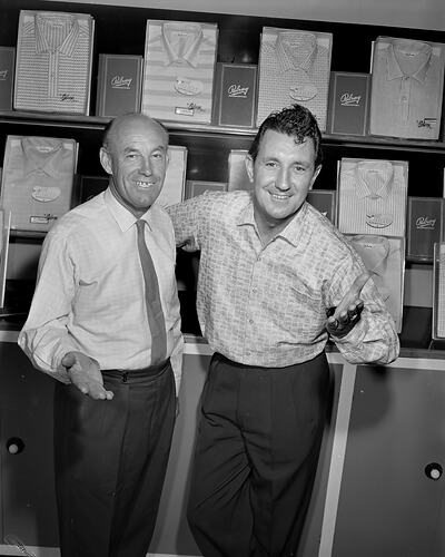 Palray Productions, Pair in Front of Shirt Display, Fitzroy, Victoria, 03 Mar 1960