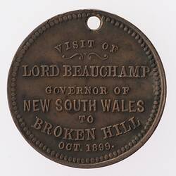 Medal - Visit of Lord Beauchamp, Broken Hill, New South Wales, Australia, 1899