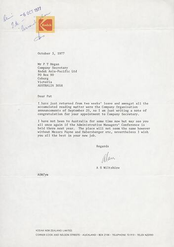Letter - Alan Wiltshire to Pat Hogan, 03 Oct 1977