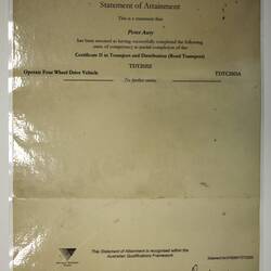 Certificate - Wodonga TAFE, 'Certificate II in Transport & Distribution (Road Transport)', Peter Auty, Flowerdale, 26 Jun 2007