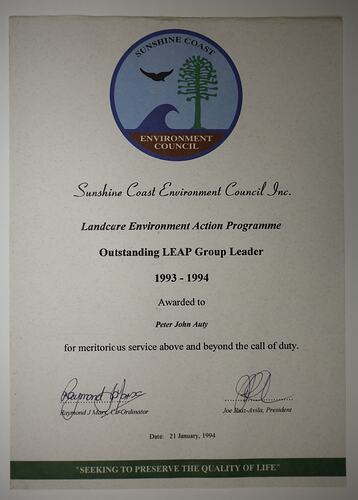 Certificate - 'Outstanding LEAP Group Leader, Peter Auty, Sunshine Coast, 21 Jan 1994
