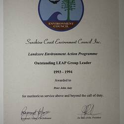 Certificate - 'Outstanding LEAP Group Leader', Peter Auty, Sunshine Coast, 21 Jan 1994