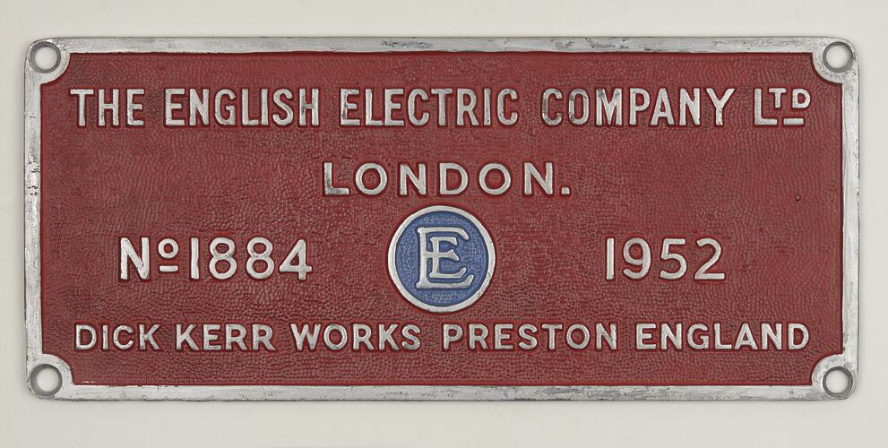 Locomotive Builders Plate - English Electric Co. Ltd., Dick Kerr Works, England, 1952