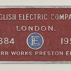 Locomotive Builders Plate - English Electric Co. Ltd., Dick Kerr Works, England, 1952