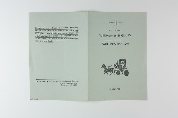 Booklet - 'Gibraltar',  S.S. Orion, Orient Line, 31 Jan 1956