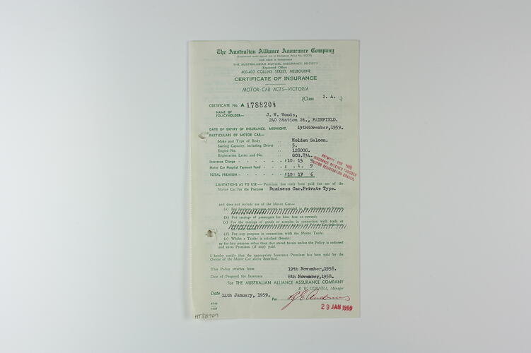 Certificate - Car Insurance, Australian Alliance Assurance Company, John Woods, Fairfield, 8 Nov 1958