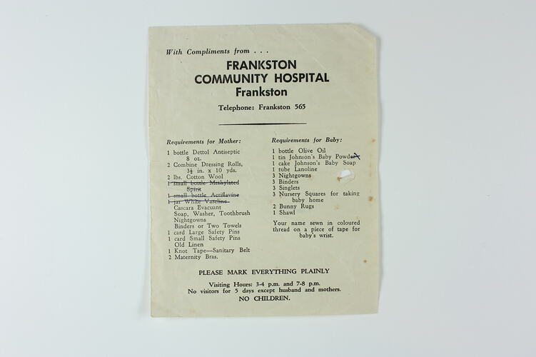 List of Supplies - Frankston Community Hospital, Frankston, circa 1954