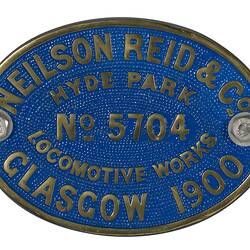 Locomotive Builders Plate - Neilson Reid & Co., Glasgow, Scotland, 1900
