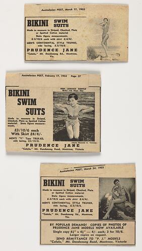 Newspaper Advertisements - 'Bikini Swim Suits', Prudence Jane, Australasian Post, Feb-Mar 1955, Obverse