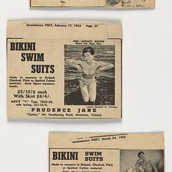 Newspaper Advertisements - 'Bikini Swim Suits', Prudence Jane, Australasian Post, Feb-Mar 1955, Obverse