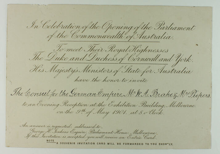 Invitation - To Mr. William A. Brahe & Mrs. Peipers, Evening Reception, Australian Commonwealth Celebrations, Exhibition Building, Melbourne, 9 May 1901
