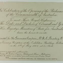 Invitation - To Mr. William A. Brahe & Mrs. Peipers, Evening Reception, Australian Commonwealth Celebrations, Exhibition Building, Melbourne, 9 May 1901